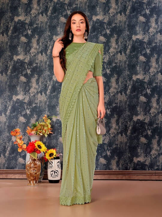 VRAGI Lycra Embellished Regular Saree With Unstitched Blouse Piece ( Light Green ) VRAGI Lycra Embellished Regular Saree With Unstitched Blouse Piece ( Light Green )