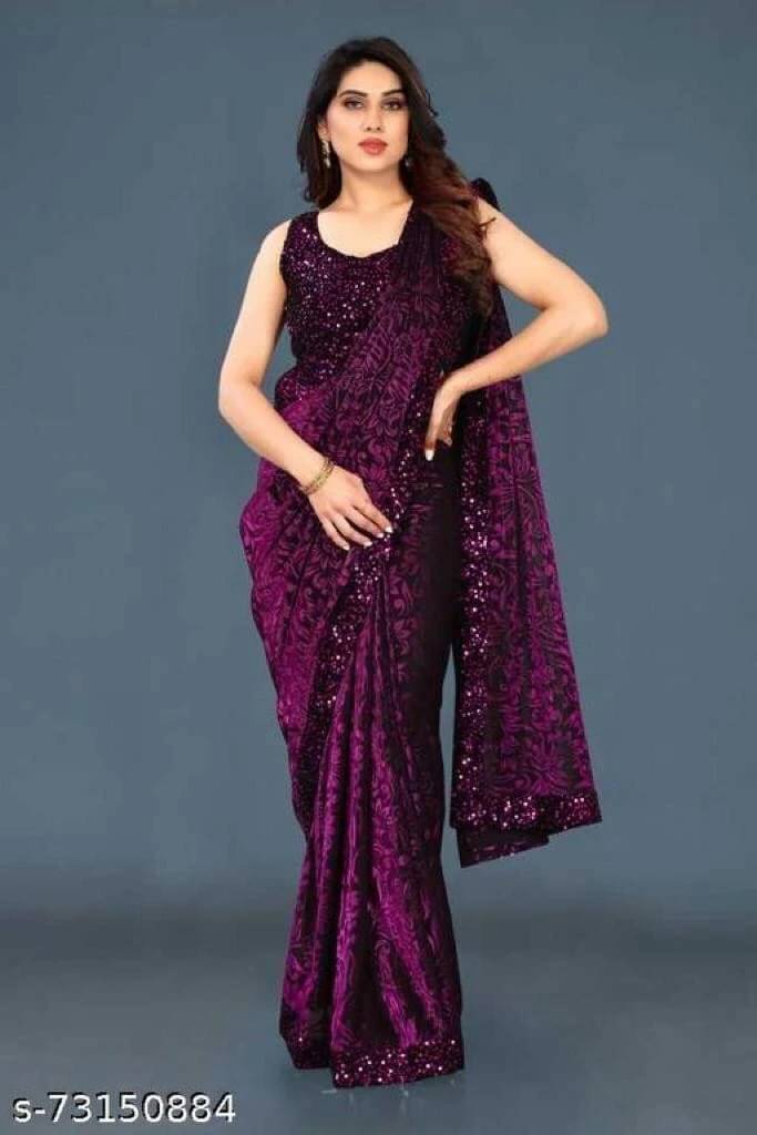 VRAGI Lycra Embellished Regular Saree With Unstitched Blouse Piece ( Purple ) VRAGI Lycra Embellished Regular Saree With Unstitched Blouse Piece ( Purple )