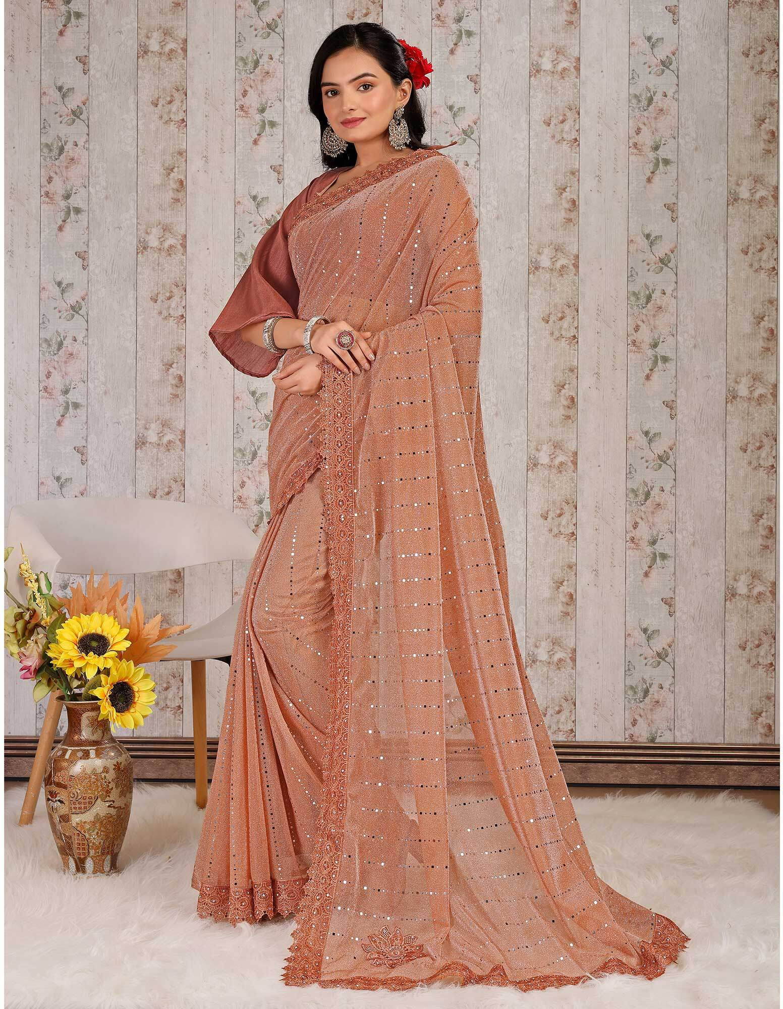VRAGI Lycra Embellished Regular Saree With Unstitched Blouse Piece ( Orange ) VRAGI Lycra Embellished Regular Saree With Unstitched Blouse Piece ( Orange )
