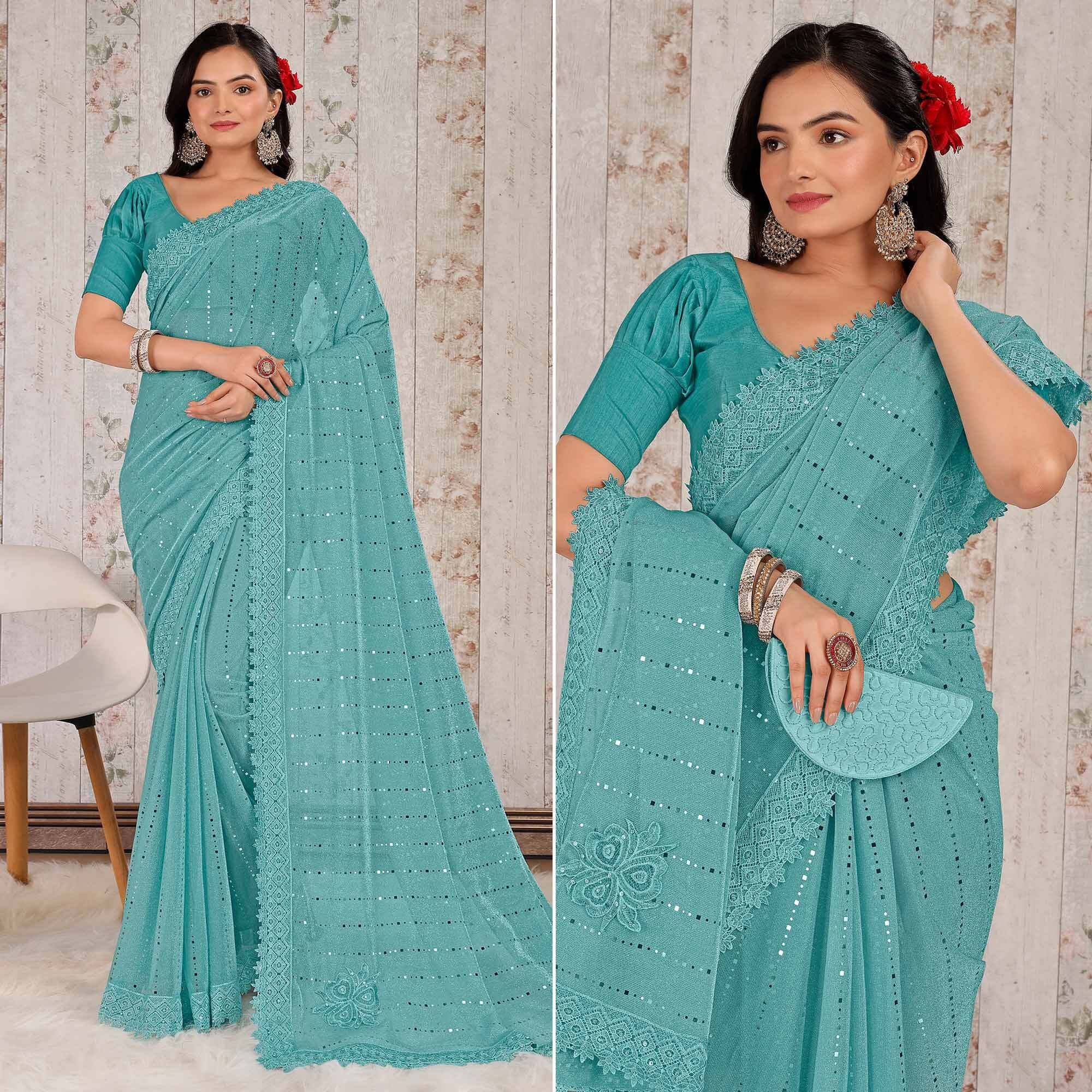     			VRAGI Lycra Embellished Regular Saree With Unstitched Blouse Piece ( Light Blue )