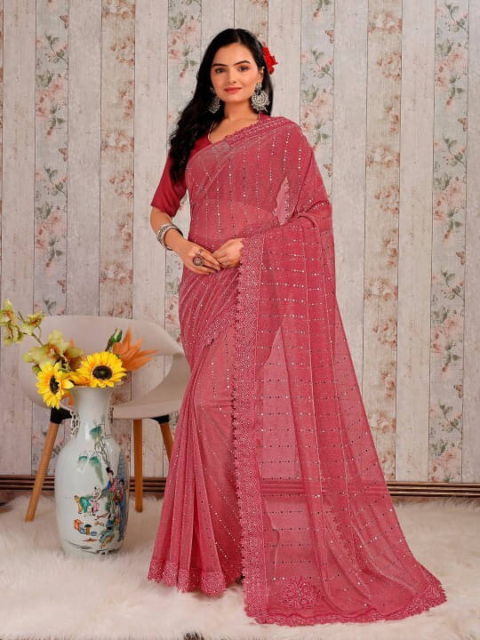 VRAGI Lycra Embellished Regular Saree With Unstitched Blouse Piece ( Pink ) VRAGI Lycra Embellished Regular Saree With Unstitched Blouse Piece ( Pink )