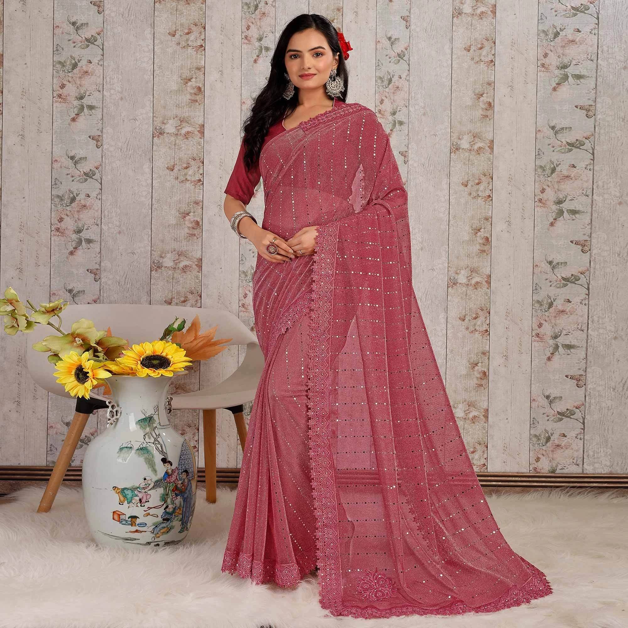 VRAGI Lycra Embellished Regular Saree With Unstitched Blouse Piece ( Pink ) VRAGI Lycra Embellished Regular Saree With Unstitched Blouse Piece ( Pink )