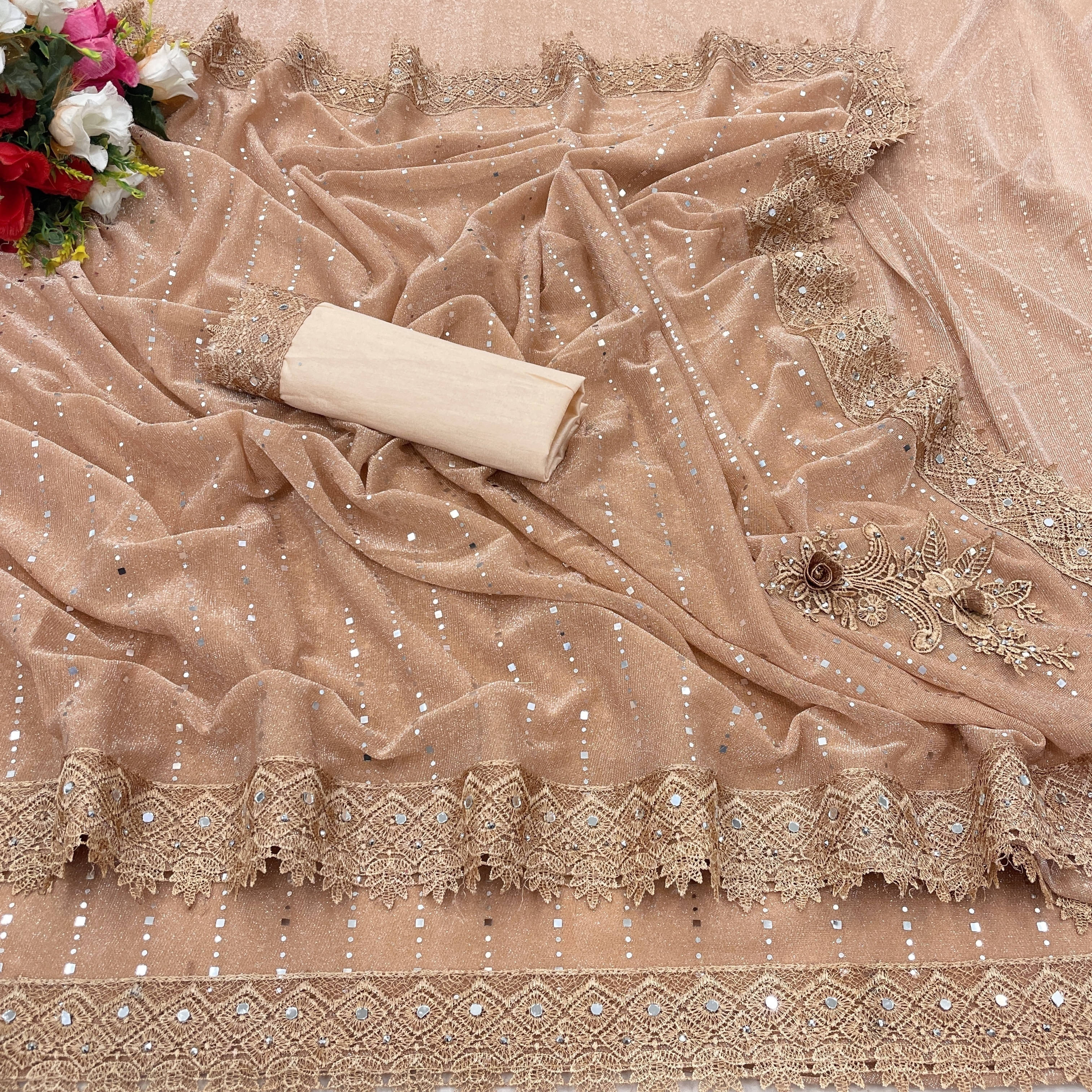     			VRAGI Lycra Embellished Regular Saree With Unstitched Blouse Piece ( Beige )