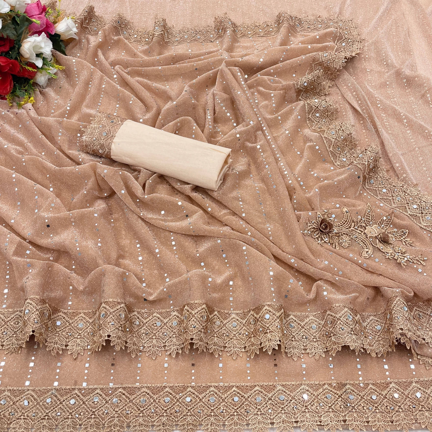    			VRAGI Lycra Embellished Regular Saree With Unstitched Blouse Piece ( Beige )