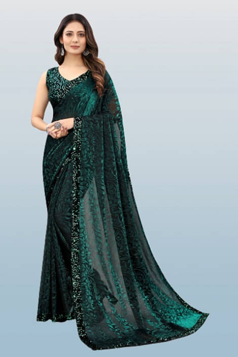     			VRAGI Lycra Embellished Regular Saree With Unstitched Blouse Piece ( Green )