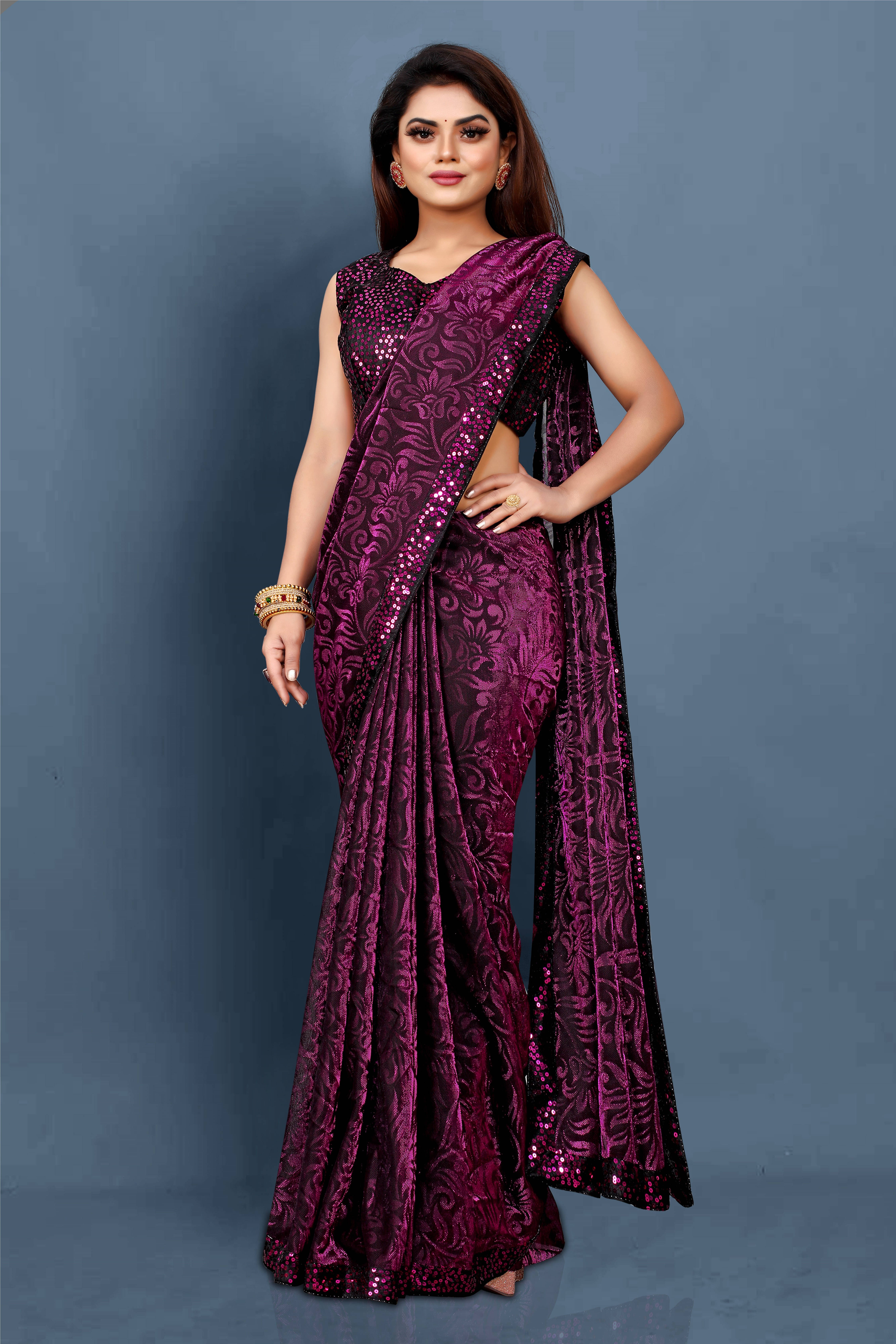     			VRAGI Lycra Embellished Regular Saree With Unstitched Blouse Piece ( Purple )