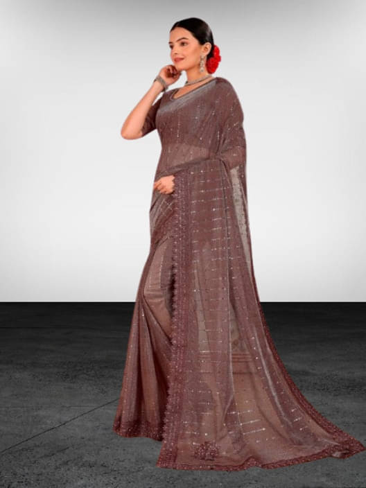     			VRAGI Lycra Embellished Regular Saree With Unstitched Blouse Piece ( Brown )