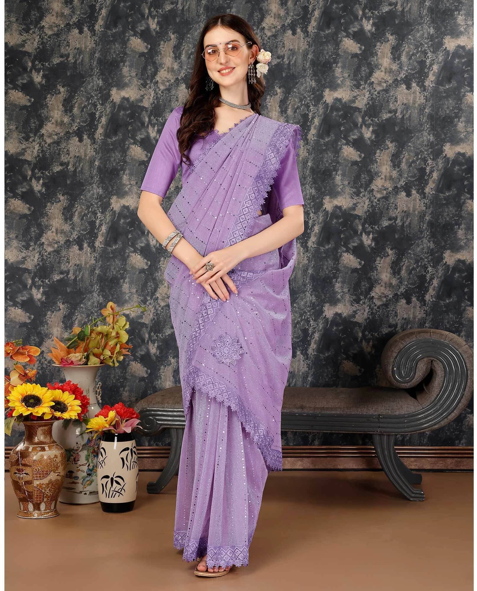     			VRAGI Lycra Embellished Regular Saree With Unstitched Blouse Piece ( Purple )