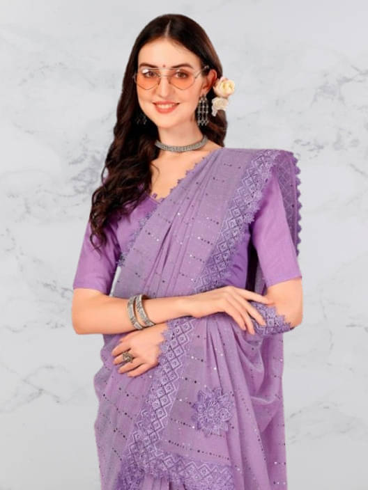 VRAGI Lycra Embellished Regular Saree With Unstitched Blouse Piece ( Purple ) VRAGI Lycra Embellished Regular Saree With Unstitched Blouse Piece ( Purple )