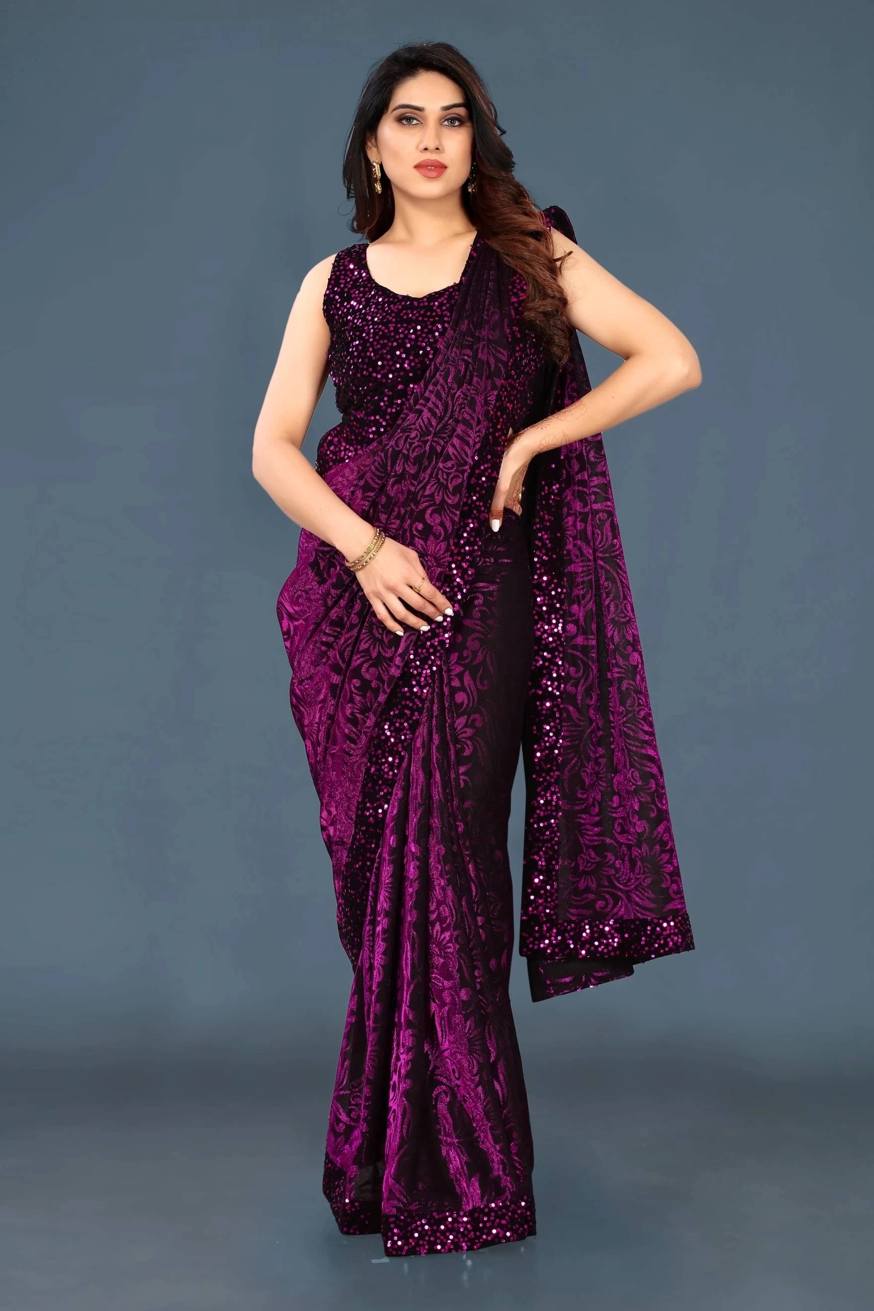 VRAGI Lycra Embellished Regular Saree With Unstitched Blouse Piece ( Purple ) VRAGI Lycra Embellished Regular Saree With Unstitched Blouse Piece ( Purple )