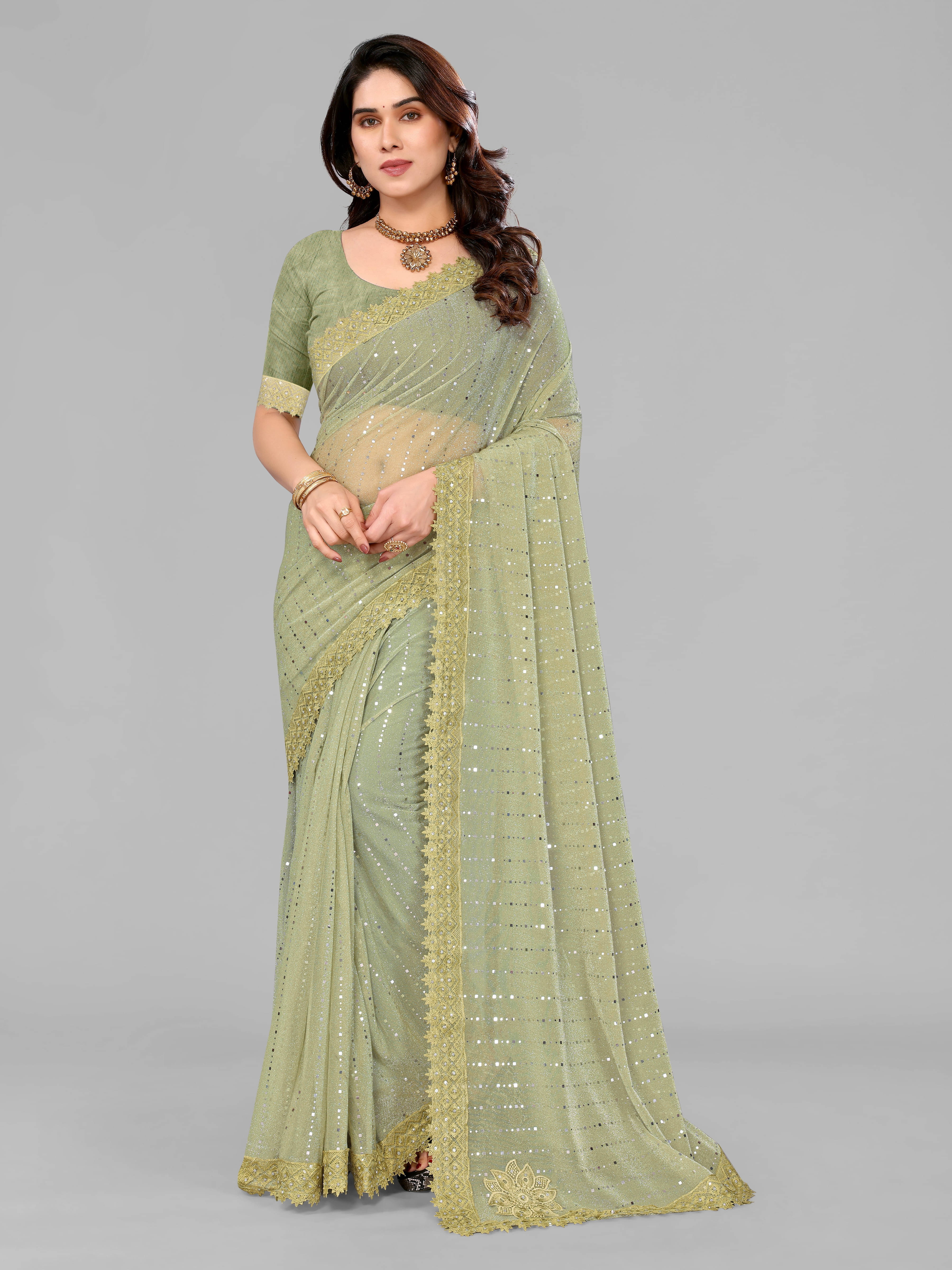     			VRAGI Lycra Embellished Regular Saree With Unstitched Blouse Piece ( Green )