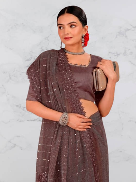 VRAGI Lycra Embellished Regular Saree With Unstitched Blouse Piece ( Brown ) VRAGI Lycra Embellished Regular Saree With Unstitched Blouse Piece ( Brown )