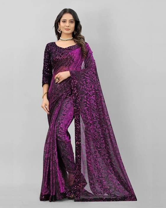 VRAGI Lycra Embellished Regular Saree With Unstitched Blouse Piece ( Purple ) VRAGI Lycra Embellished Regular Saree With Unstitched Blouse Piece ( Purple )