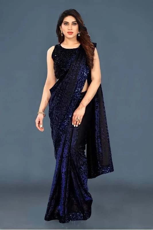 VRAGI Lycra Embellished Regular Saree With Unstitched Blouse Piece ( Blue ) VRAGI Lycra Embellished Regular Saree With Unstitched Blouse Piece ( Blue )