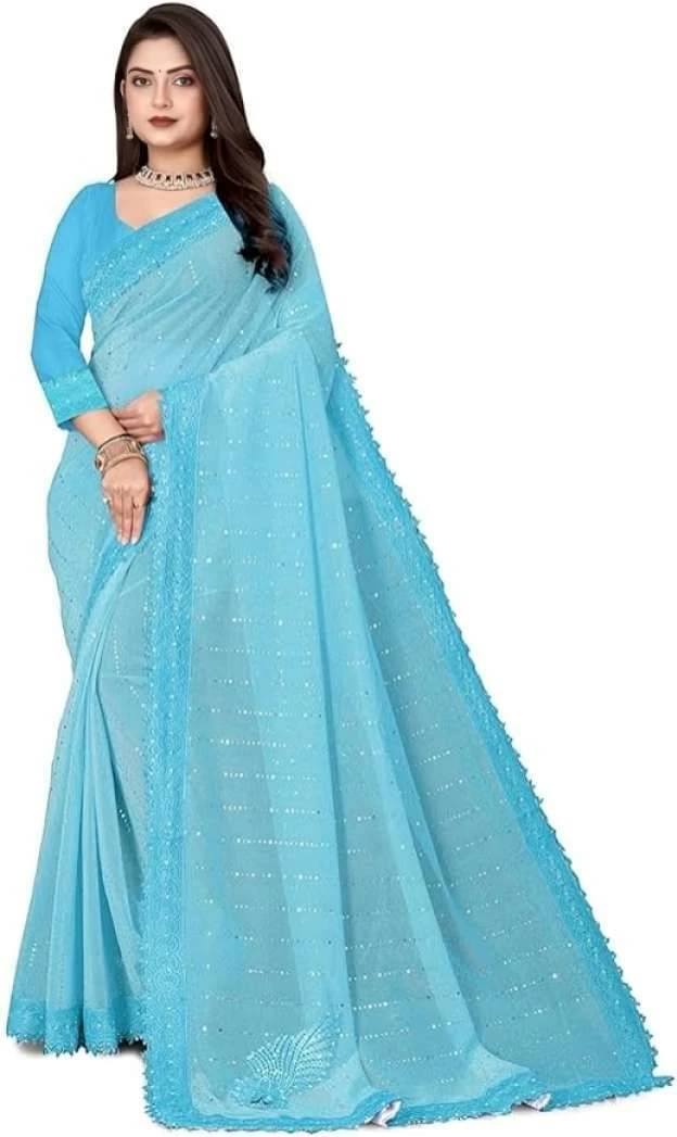VRAGI Lycra Embellished Regular Saree With Unstitched Blouse Piece ( Light Blue ) VRAGI Lycra Embellished Regular Saree With Unstitched Blouse Piece ( Light Blue )