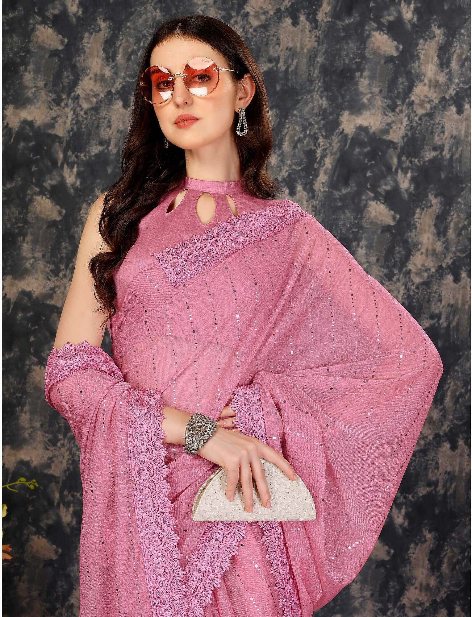     			VRAGI Lycra Embellished Regular Saree With Unstitched Blouse Piece ( Pink )