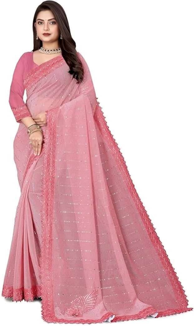 VRAGI Lycra Embellished Regular Saree With Unstitched Blouse Piece ( Pink ) VRAGI Lycra Embellished Regular Saree With Unstitched Blouse Piece ( Pink )