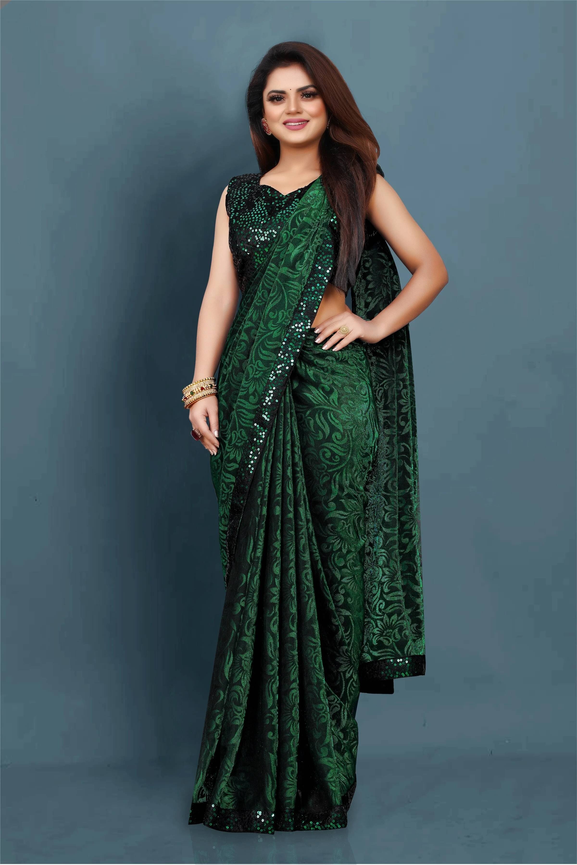 VRAGI Lycra Embellished Regular Saree With Unstitched Blouse Piece ( Green ) VRAGI Lycra Embellished Regular Saree With Unstitched Blouse Piece ( Green )
