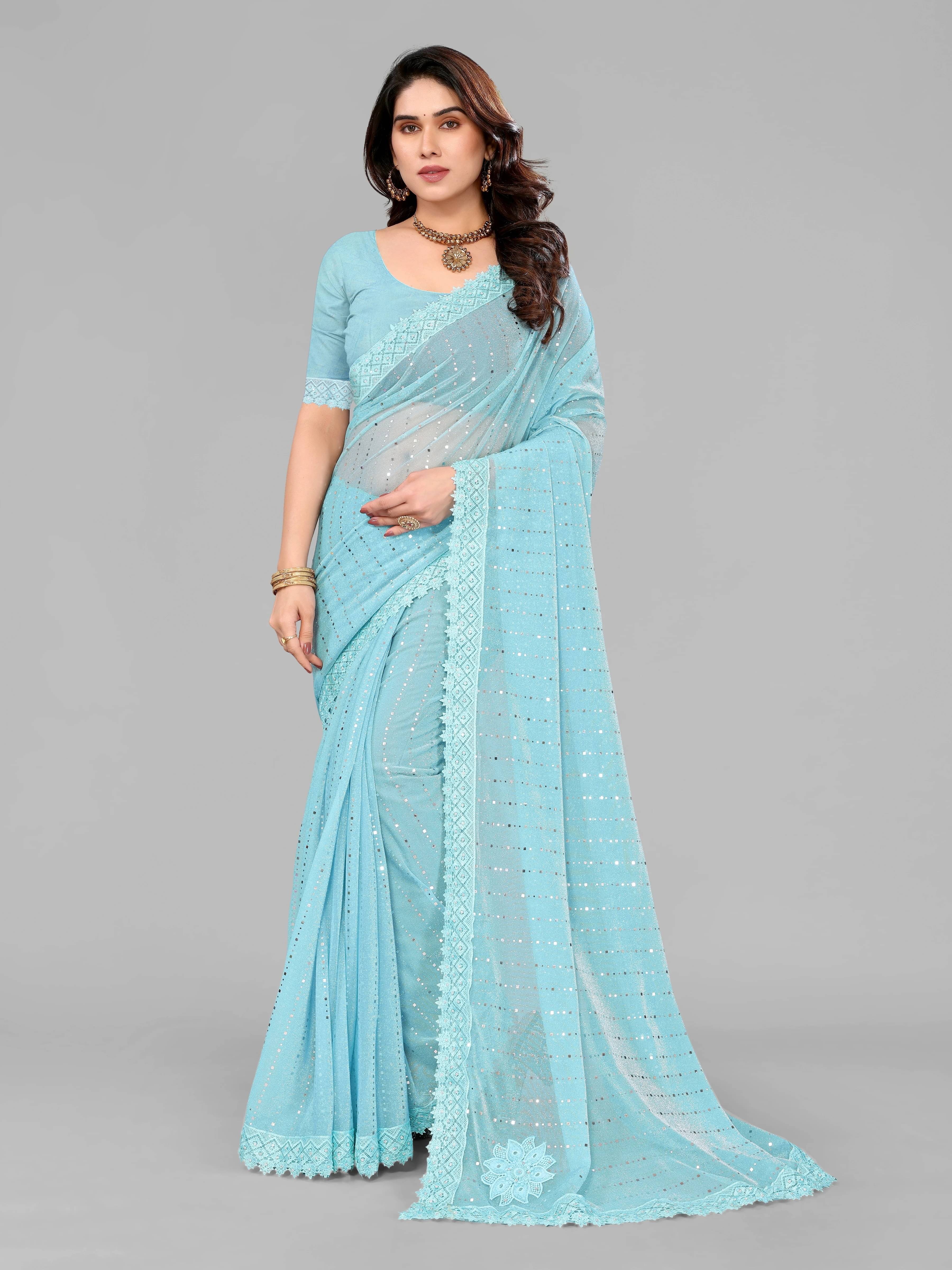VRAGI Lycra Embellished Regular Saree With Unstitched Blouse Piece ( Light Blue ) VRAGI Lycra Embellished Regular Saree With Unstitched Blouse Piece ( Light Blue )