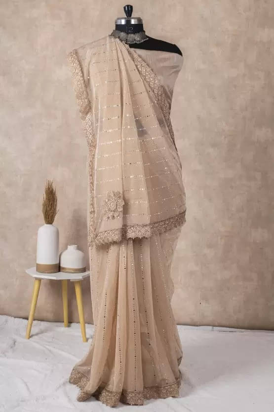 VRAGI Lycra Embellished Regular Saree With Unstitched Blouse Piece ( Cream ) VRAGI Lycra Embellished Regular Saree With Unstitched Blouse Piece ( Cream )