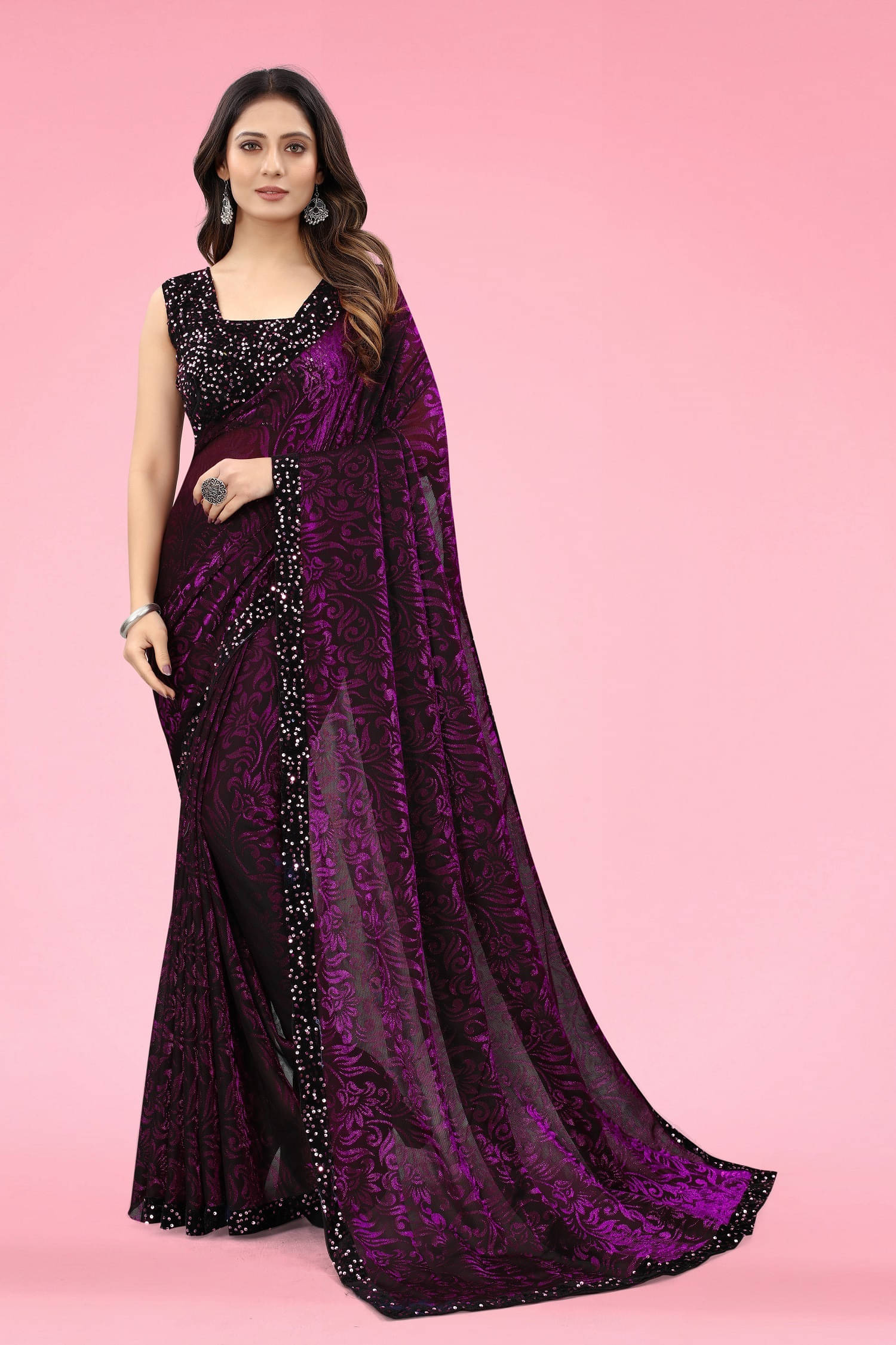 VRAGI Lycra Embellished Regular Saree With Unstitched Blouse Piece ( Purple ) VRAGI Lycra Embellished Regular Saree With Unstitched Blouse Piece ( Purple )
