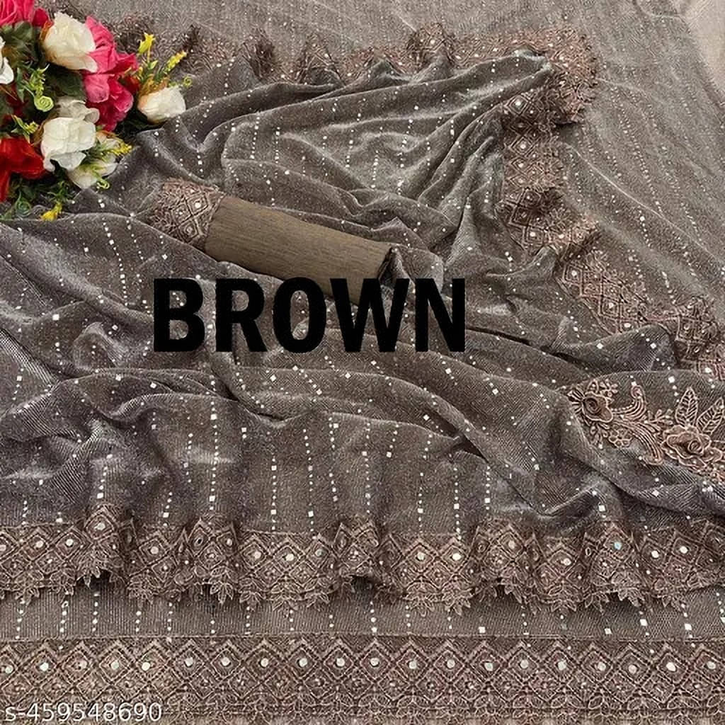 VRAGI Lycra Embellished Regular Saree With Unstitched Blouse Piece ( Brown ) VRAGI Lycra Embellished Regular Saree With Unstitched Blouse Piece ( Brown )