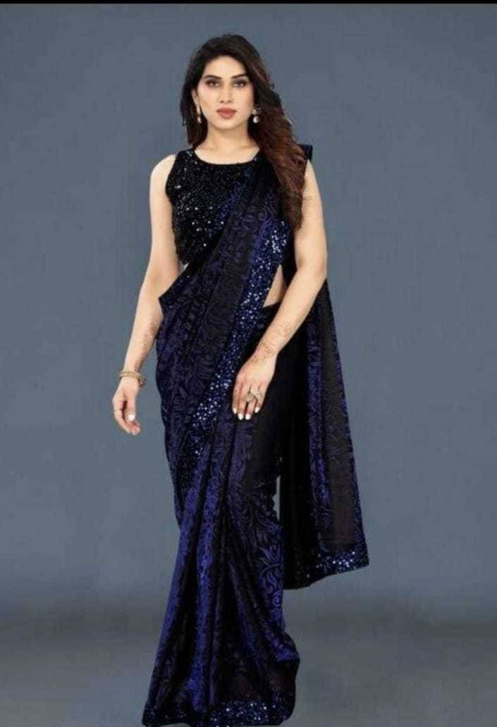     			VRAGI Lycra Embellished Regular Saree With Unstitched Blouse Piece ( Blue )