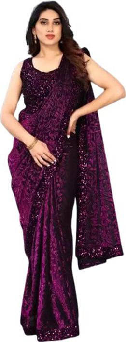 VRAGI Lycra Embroidered Banarasi saree With Unstitched Blouse Piece ( Purple ) VRAGI Lycra Embroidered Banarasi saree With Unstitched Blouse Piece ( Purple )