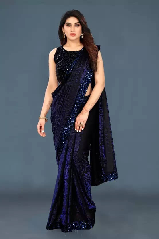     			VRAGI Lycra Embroidered Regular Saree With Unstitched Blouse Piece ( Blue )