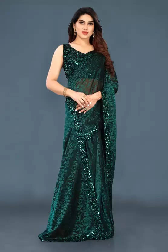     			VRAGI Lycra Printed Regular Saree With Unstitched Blouse Piece ( Green )