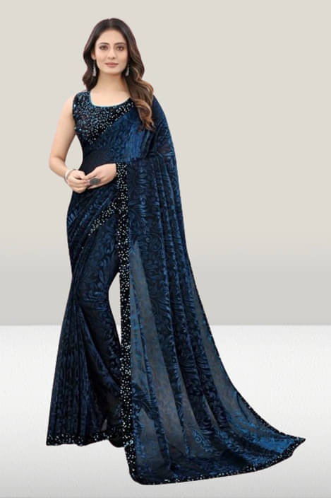     			VRAGI Lycra Printed Regular Saree With Unstitched Blouse Piece ( Blue )