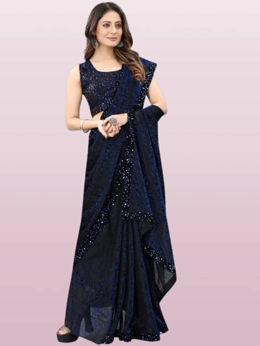     			VRAGI Lycra Printed Regular Saree With Unstitched Blouse Piece ( Navy Blue )