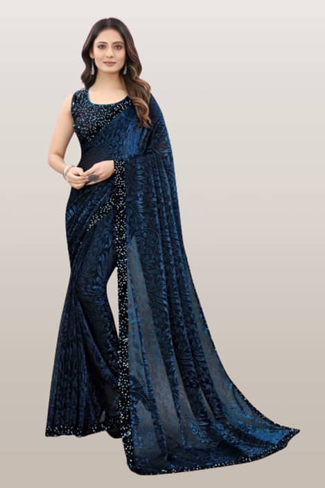 VRAGI Lycra Printed Regular Saree With Unstitched Blouse Piece ( Blue ) VRAGI Lycra Printed Regular Saree With Unstitched Blouse Piece ( Blue )