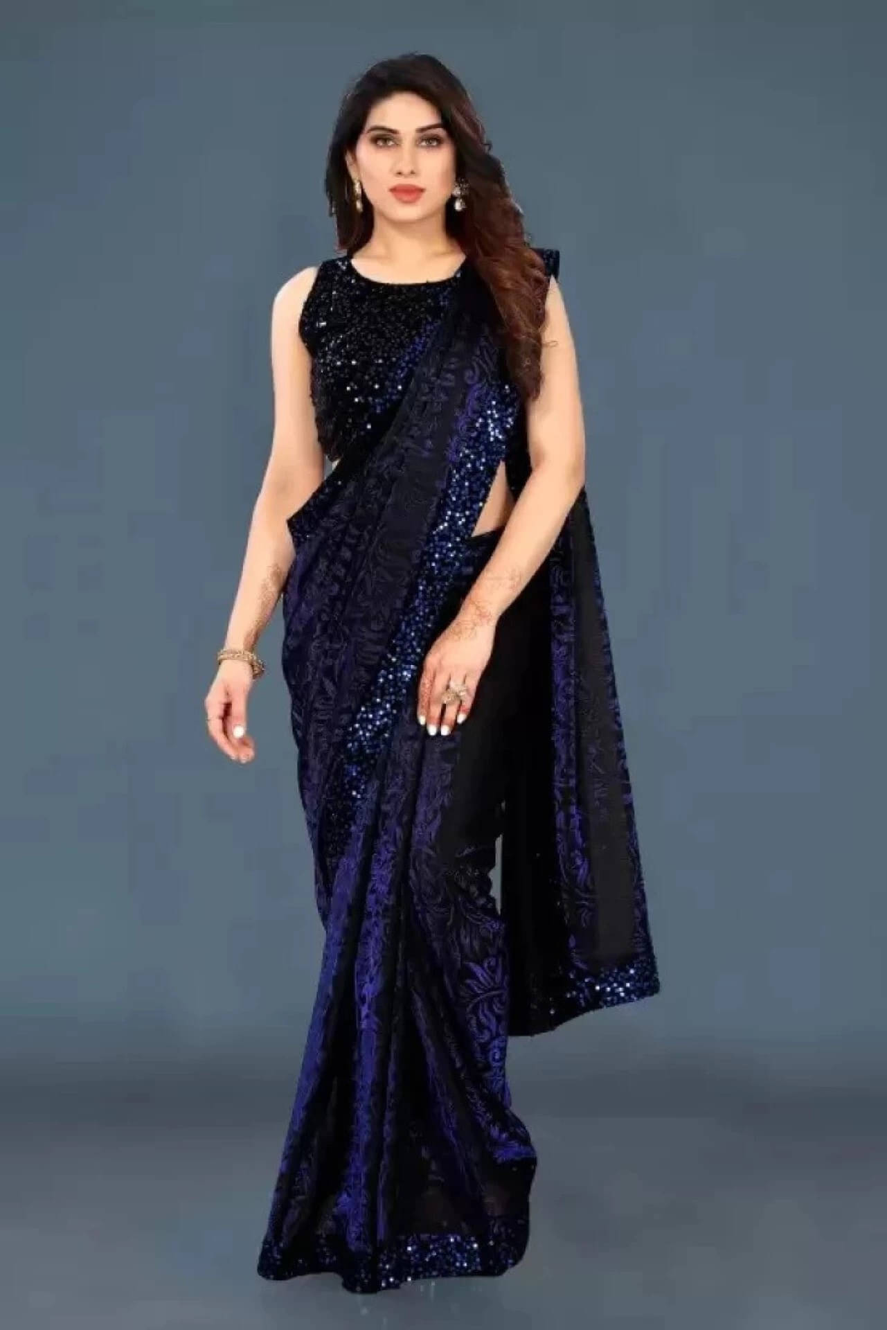     			VRAGI Lycra Printed Regular Saree With Unstitched Blouse Piece ( Navy Blue )