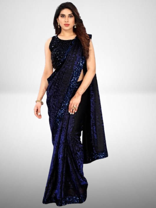     			VRAGI Lycra Printed Regular Saree With Unstitched Blouse Piece ( Navy Blue )