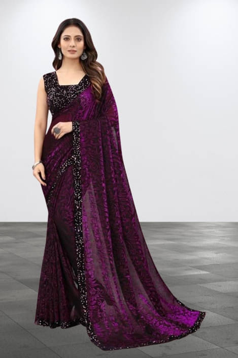 VRAGI Lycra Printed Regular Saree With Unstitched Blouse Piece ( Purple ) VRAGI Lycra Printed Regular Saree With Unstitched Blouse Piece ( Purple )