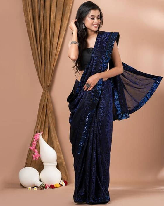     			VRAGI Lycra Printed Regular Saree With Unstitched Blouse Piece ( Navy Blue )