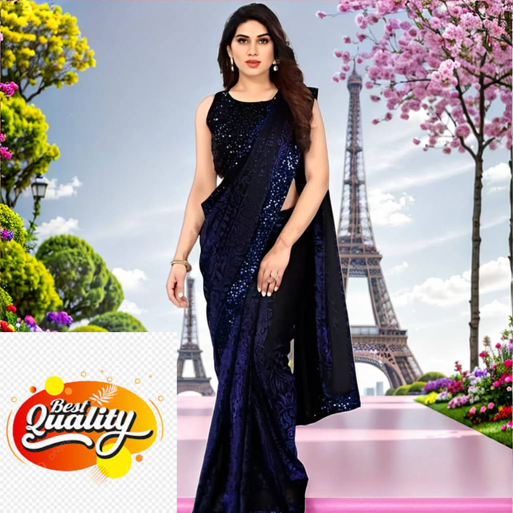     			VRAGI Lycra Printed Regular Saree With Unstitched Blouse Piece ( Navy Blue )