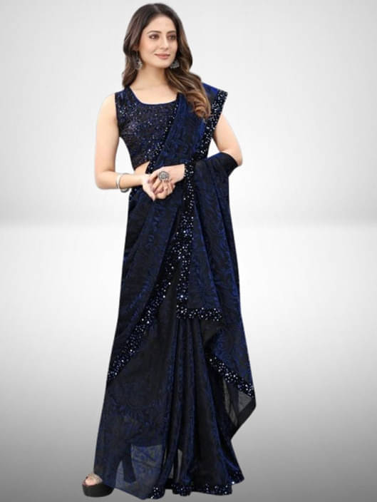     			VRAGI Lycra Printed Regular Saree With Unstitched Blouse Piece ( Navy Blue )