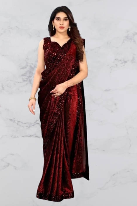     			VRAGI Lycra Printed Regular Saree With Unstitched Blouse Piece ( Maroon )