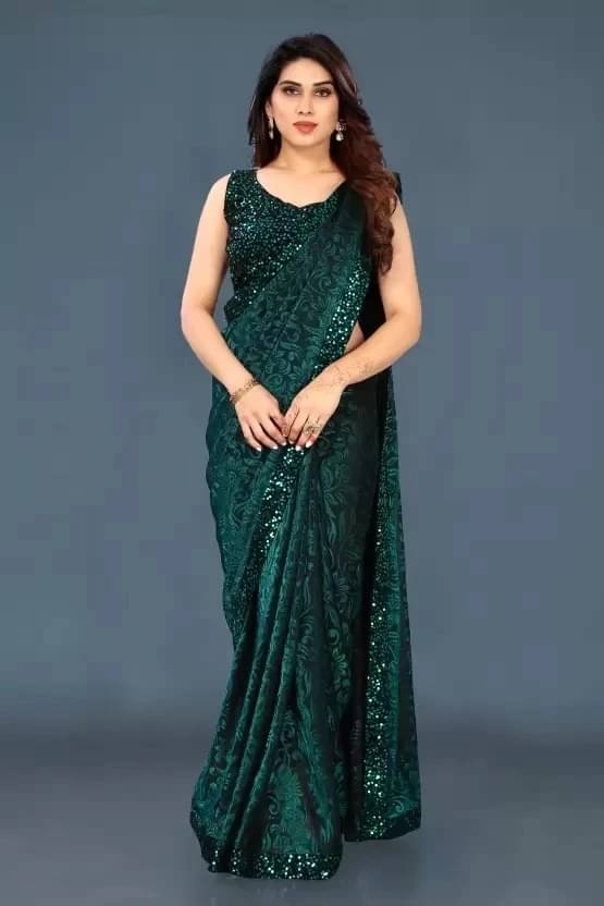     			VRAGI Lycra Printed Regular Saree With Unstitched Blouse Piece ( Green )