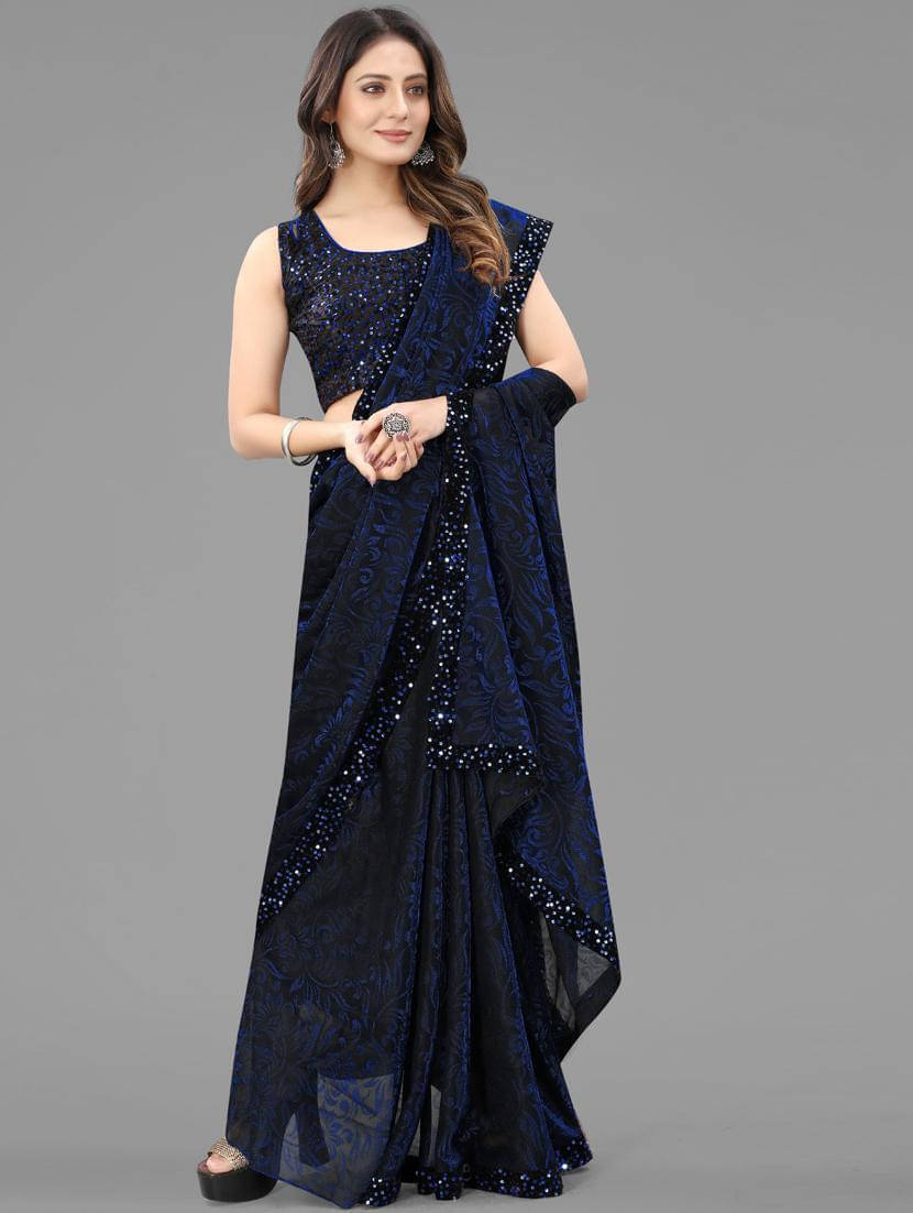     			VRAGI Lycra Printed Regular Saree With Unstitched Blouse Piece ( Navy Blue )
