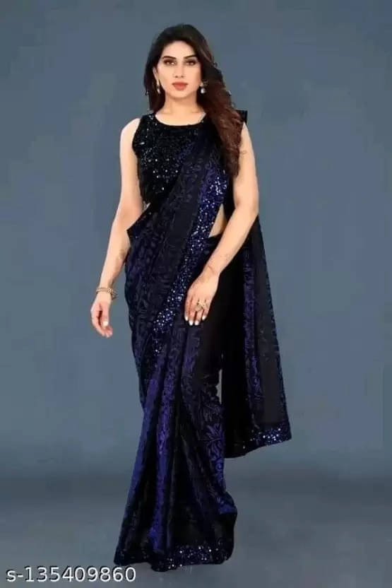     			VRAGI Lycra Printed Regular Saree With Unstitched Blouse Piece ( Navy Blue )
