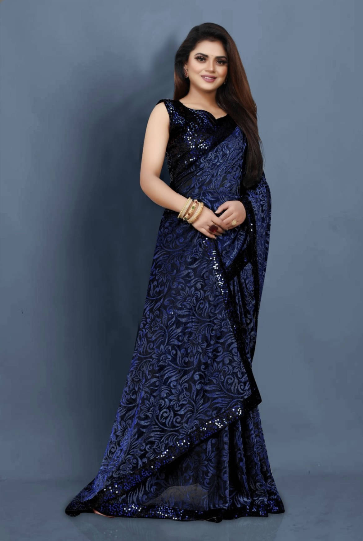     			VRAGI Lycra Printed Regular Saree With Unstitched Blouse Piece ( Blue )