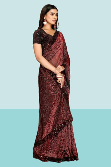 VRAGI Lycra Printed Regular Saree With Unstitched Blouse Piece ( Maroon ) VRAGI Lycra Printed Regular Saree With Unstitched Blouse Piece ( Maroon )