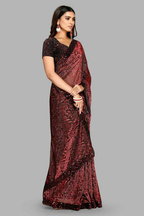 VRAGI Lycra Printed Regular Saree With Unstitched Blouse Piece ( Maroon ) VRAGI Lycra Printed Regular Saree With Unstitched Blouse Piece ( Maroon )