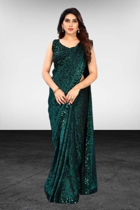     			VRAGI Lycra Printed Regular Saree With Unstitched Blouse Piece ( Green )