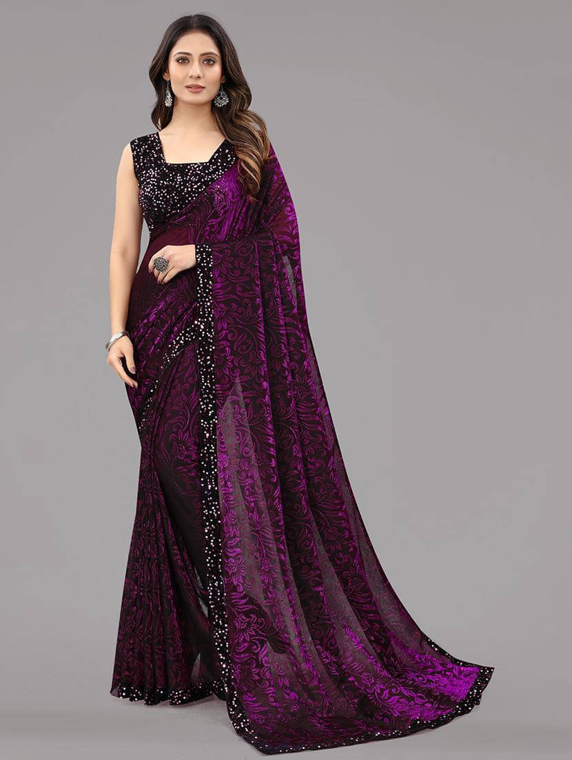 VRAGI Lycra Printed Regular Saree With Unstitched Blouse Piece ( Purple ) VRAGI Lycra Printed Regular Saree With Unstitched Blouse Piece ( Purple )