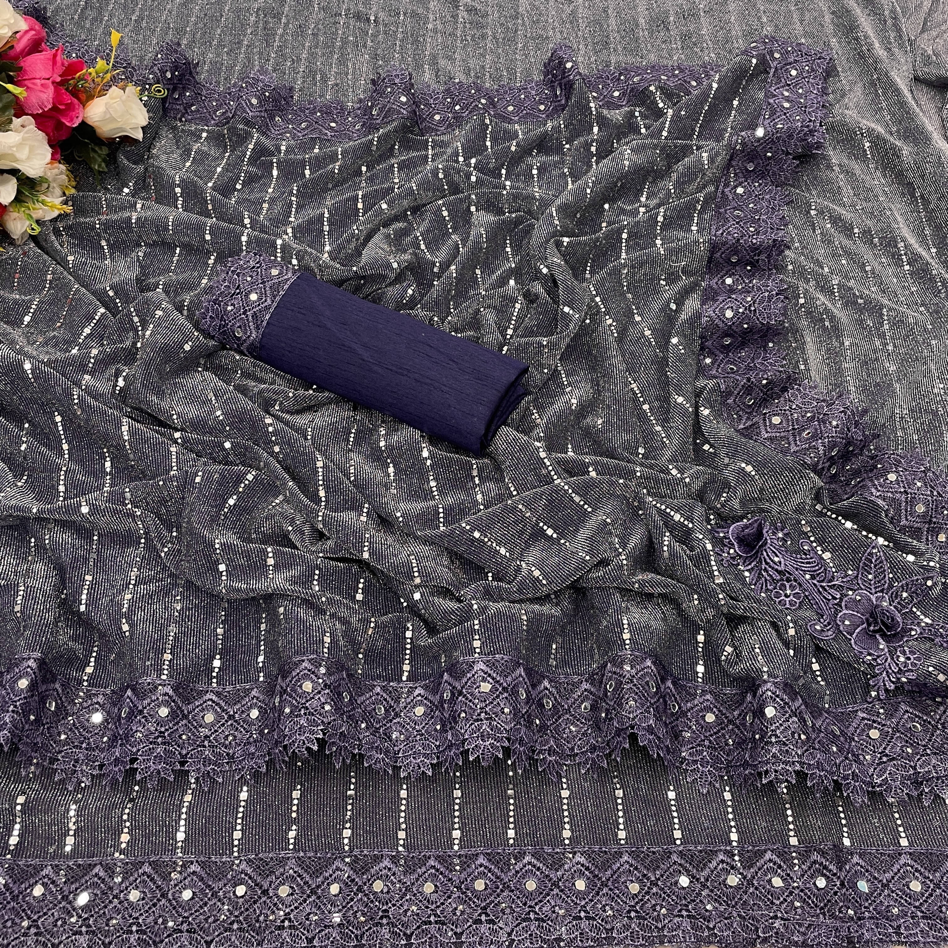 VRAGI Lycra Printed Regular Saree With Unstitched Blouse Piece ( Navy Blue ) VRAGI Lycra Printed Regular Saree With Unstitched Blouse Piece ( Navy Blue )