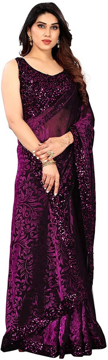     			VRAGI Lycra Self Design Regular Saree With Stitched Blouse ( Purple )